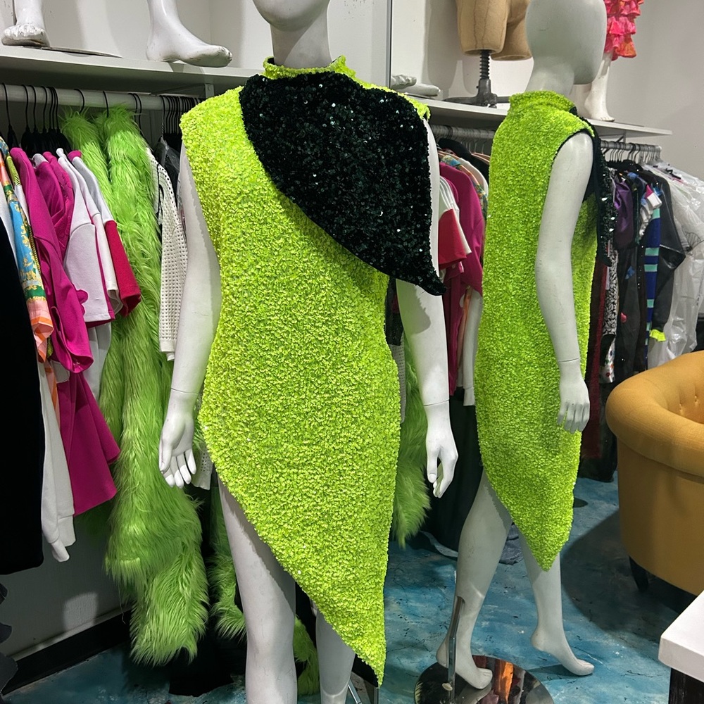 Lime Green Asymmetric Textured Dress with Green Emerald Sequin Accent